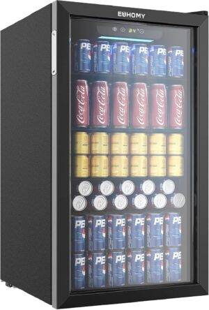 EUHOMY Beverage Fridge Cooler holds 128 cans. Digital temperature control, quiet operation, LED lighting.
