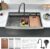 33 Inch Farmhouse Kitchen Sink Splash Guard Waterfall Workstation Black- VOKIM 33x22Inch Apron Front Kitchen Sik Stainless 16 Gauge Farm Sink With Multifunctional Top Loading Flying Rain pull-out